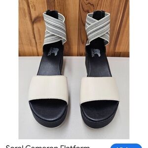 Sorel Cream and Black Platform Sandal with Strappy Ankle